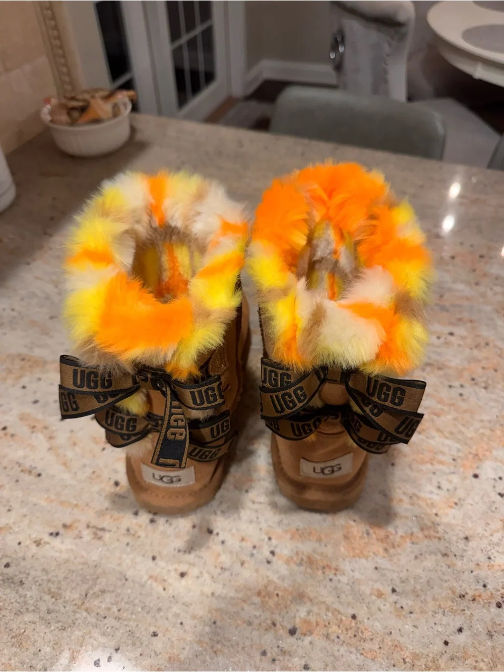 UGG size 4  Suede Winter Boots with Orange & Yellow Faux Fur Trim